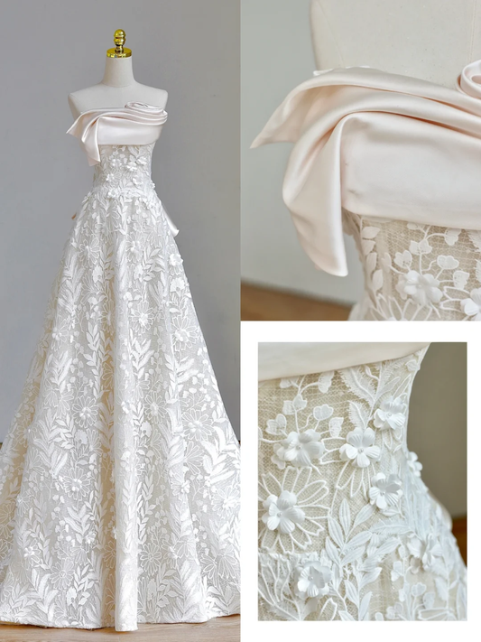 Hermoso vestido de novia sin tirantes, color marfil, con encaje, DP1565