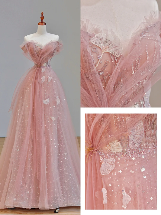 Hermoso vestido de fiesta largo rosa con hombros descubiertos y corte A, DP1572