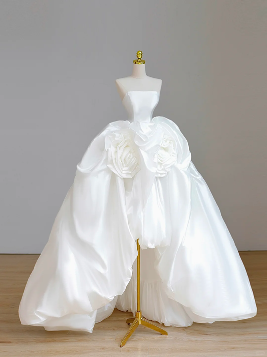 Hermoso vestido de novia de satén blanco, sin tirantes, con corte alto y bajo, DP1579