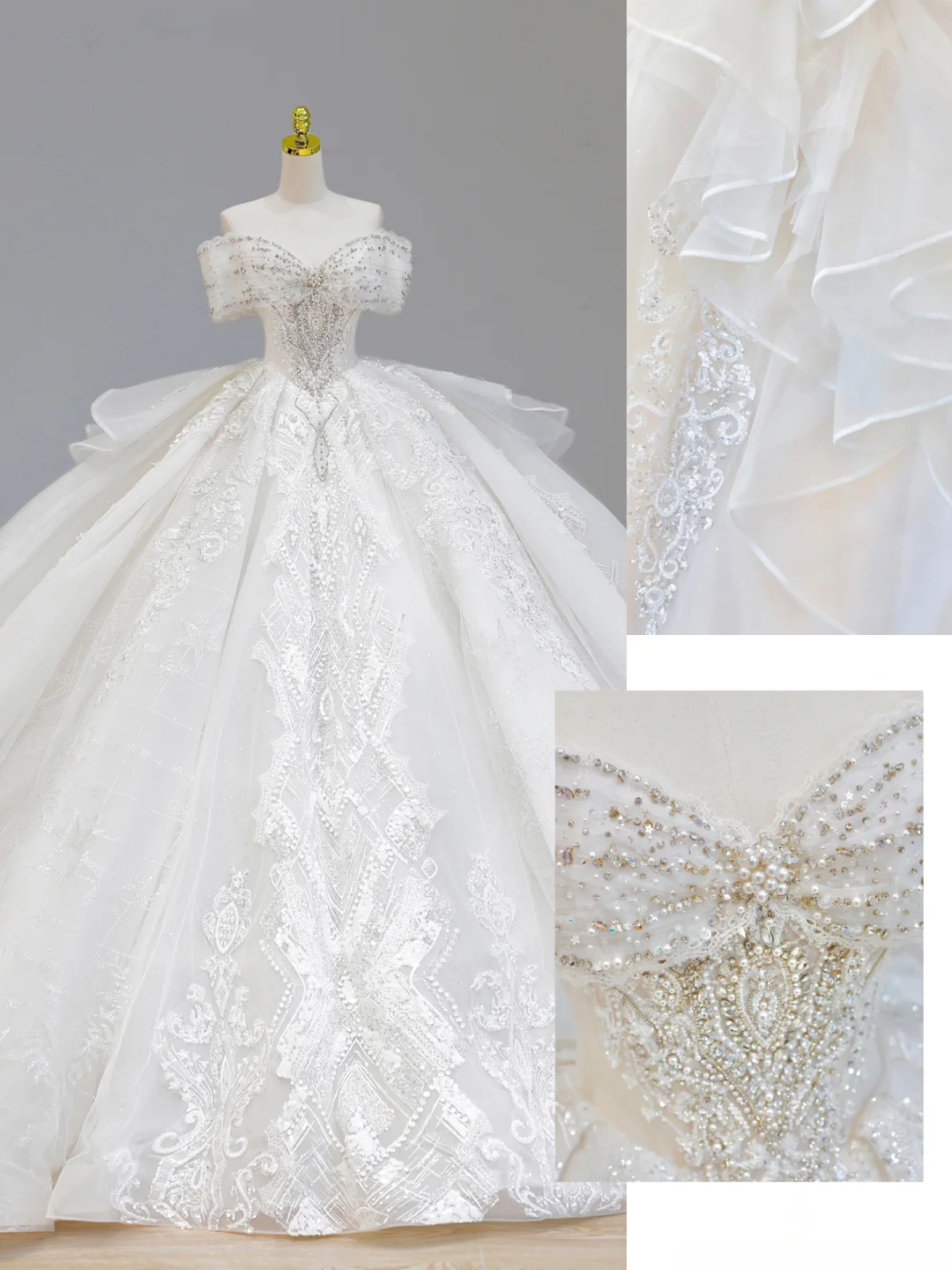 Vestido de novia de ensueño, vestido de fiesta con hombros descubiertos y lentejuelas blancas, vestidos de novia DP1584