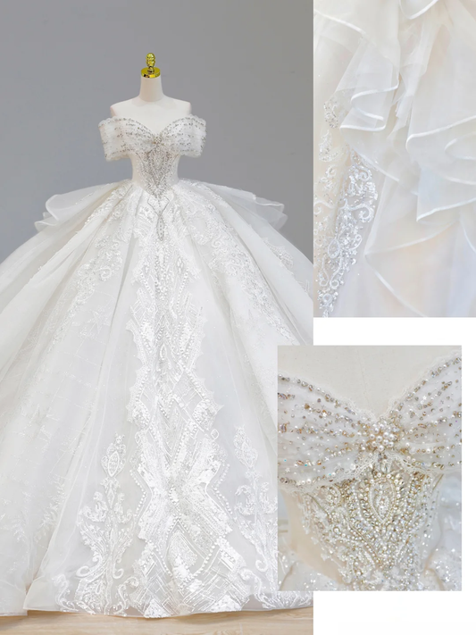 Vestido de novia de ensueño, vestido de fiesta con hombros descubiertos y lentejuelas blancas, vestidos de novia DP1584