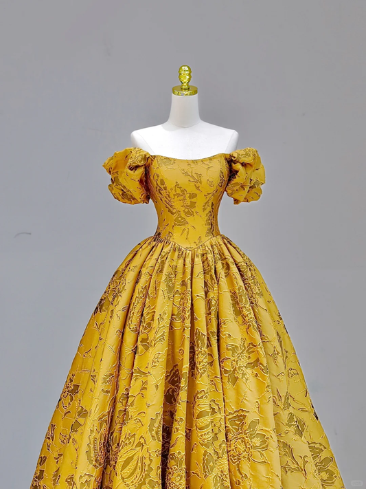 Elegante vestido de fiesta glamuroso con hombros descubiertos, de satén amarillo, largo, para fiesta de graduación, vestido de noche DP1587