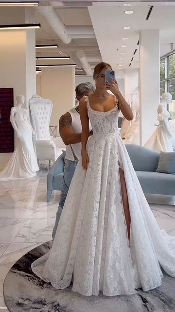 Vestido de novia clásico de corte A con encaje cuadrado, blanco, largo, de verano, minimalista, DP1596