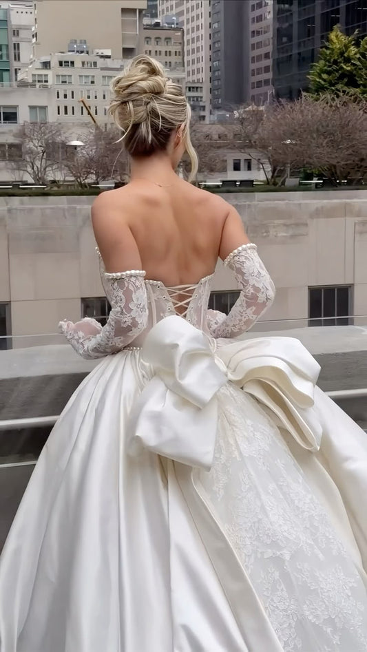 Elegante vestido de novia, corte corazón, encaje blanco, minimalista, DP1600