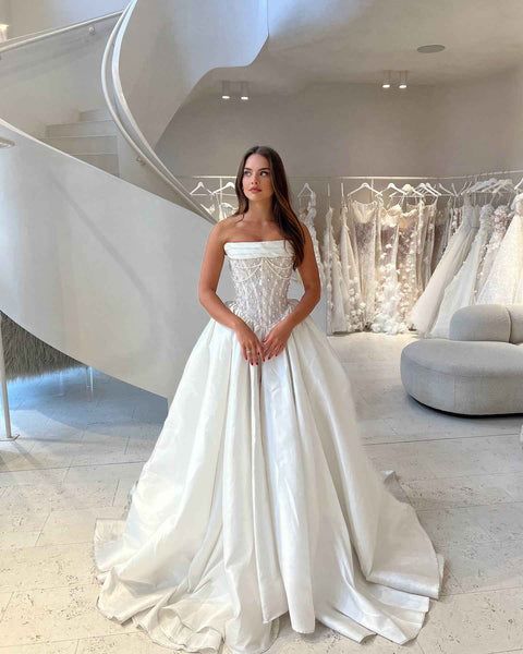 Vestido de novia clásico, vestido de fiesta, sin tirantes, de satén blanco, vestidos de novia minimalistas DP1601