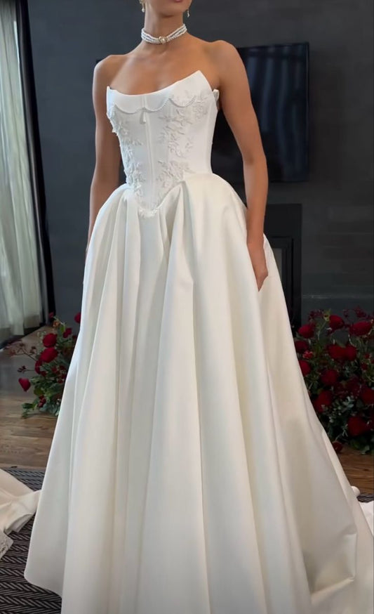 Vestido de novia clásico, vestido de fiesta, sin tirantes, de satén blanco, vestidos de novia minimalistas DP1603