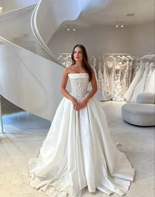 Vestido de novia clásico, vestido de fiesta sin tirantes, satén blanco, vestidos de novia minimalistas DP1604