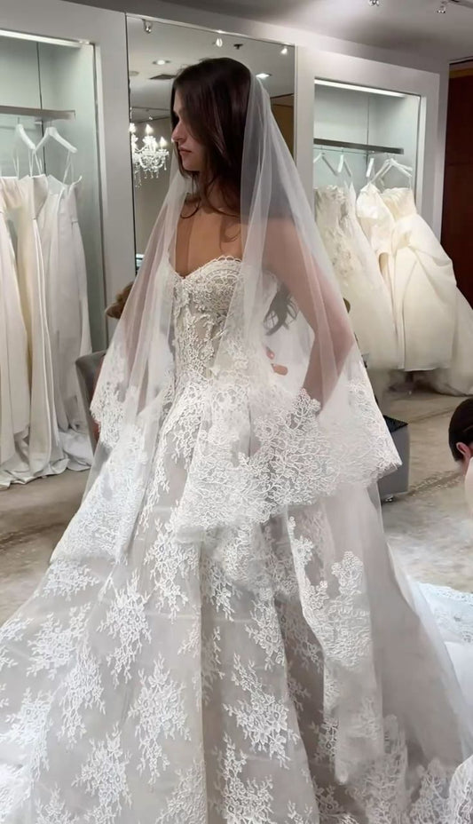 Vestido de novia clásico, vestido de fiesta, escote corazón, encaje, blanco, minimalista, DP1614