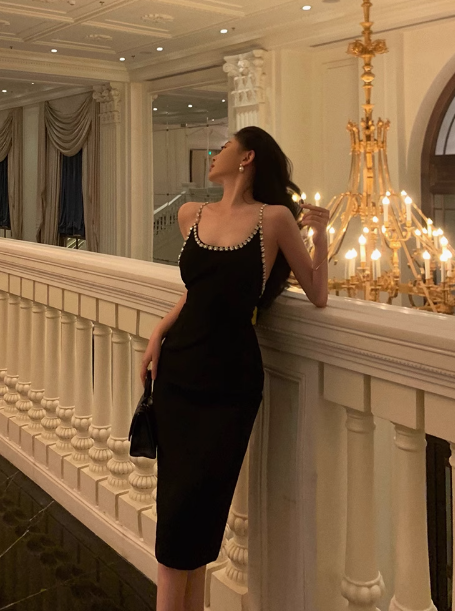 Vestido elegante de fiesta negro con tirantes finos y largo hasta la rodilla, vestido de cóctel, vestidos de cumpleaños DP1626