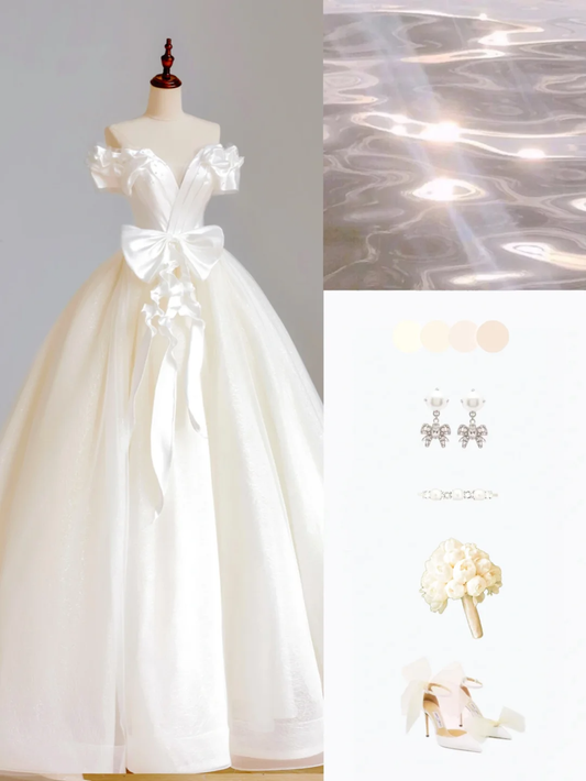 Vestido de novia etéreo, vestido de gala con hombros descubiertos, tul blanco, vestidos de novia DP1637