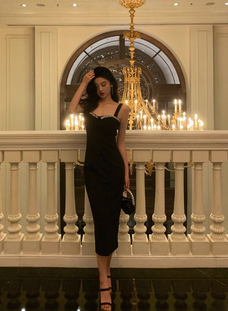 Vestido elegante de sirena con tirantes negros para cumpleaños número 23. Ideas de vestidos de cumpleaños para mujeres (DP1637).