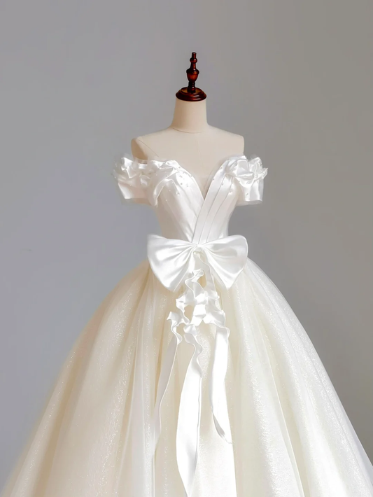 Vestido de novia etéreo, vestido de gala con hombros descubiertos, tul blanco, vestidos de novia DP1637