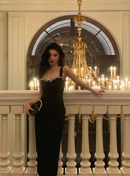 Vestido elegante de sirena con tirantes negros para cumpleaños número 23. Ideas de vestidos de cumpleaños para mujeres (DP1637).