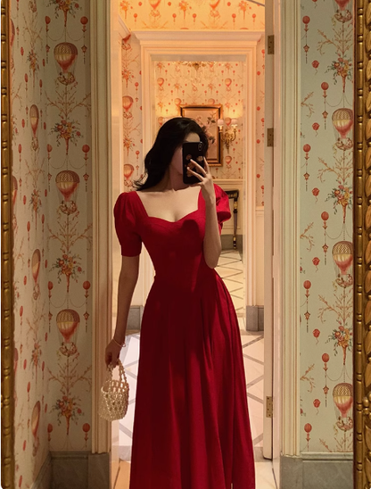 Vestido rojo modesto de corte A con mangas cortas para cumpleaños número 21. Ideas de vestidos de cumpleaños para mujeres (DP1642)