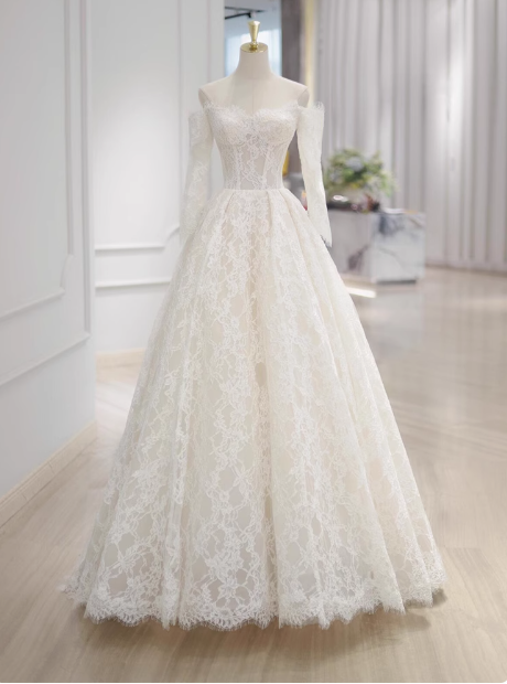 Vestido de novia clásico, vestido de fiesta, hombros descubiertos, mangas largas, encaje, blanco, vestidos de novia minimalistas DP1647