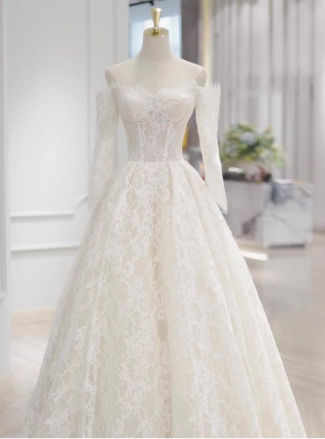 Vestido de novia clásico, vestido de fiesta, hombros descubiertos, mangas largas, encaje, blanco, vestidos de novia minimalistas DP1647