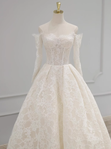 Vestido de novia clásico, vestido de fiesta, hombros descubiertos, mangas largas, encaje, blanco, vestidos de novia minimalistas DP1647
