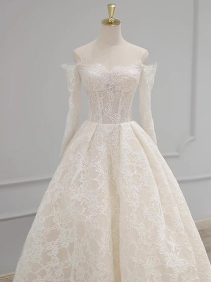 Vestido de novia clásico, vestido de fiesta, hombros descubiertos, mangas largas, encaje, blanco, vestidos de novia minimalistas DP1647