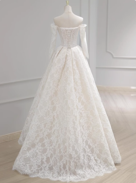 Vestido de novia clásico, vestido de fiesta, hombros descubiertos, mangas largas, encaje, blanco, vestidos de novia minimalistas DP1647