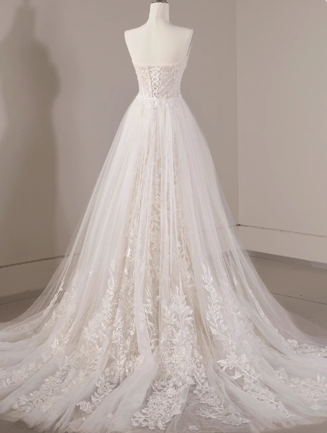 Vestido de novia clásico, sin tirantes, manga larga, encaje, blanco, minimalista, DP1648