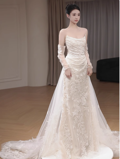 Vestido de novia clásico, sin tirantes, manga larga, encaje, blanco, minimalista, DP1648