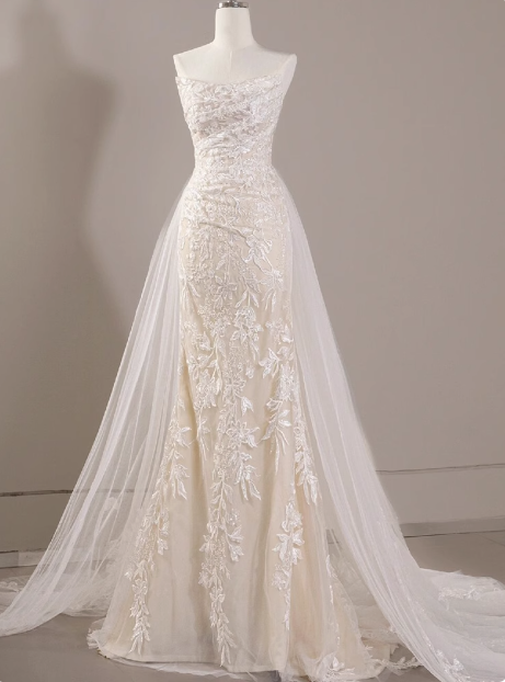 Vestido de novia clásico, sin tirantes, manga larga, encaje, blanco, minimalista, DP1648