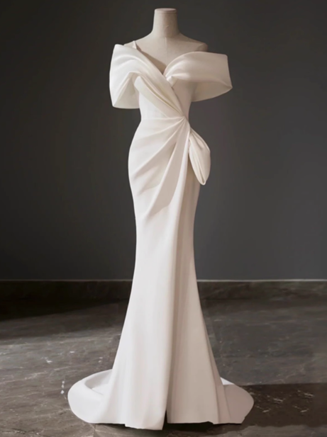Vestido de novia clásico de sirena con hombros descubiertos, de satén blanco, estilo minimalista, DP1653