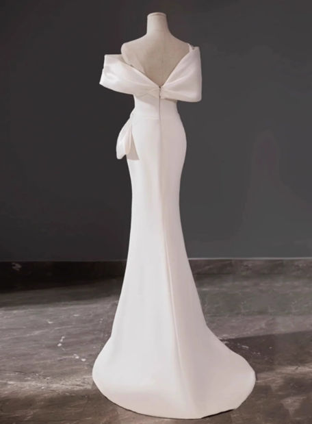 Vestido de novia clásico de sirena con hombros descubiertos, de satén blanco, estilo minimalista, DP1653