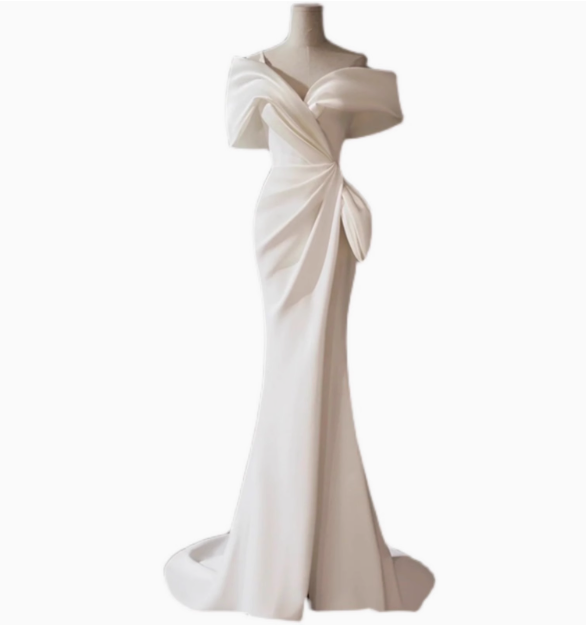 Vestido de novia clásico de sirena con hombros descubiertos, de satén blanco, estilo minimalista, DP1653