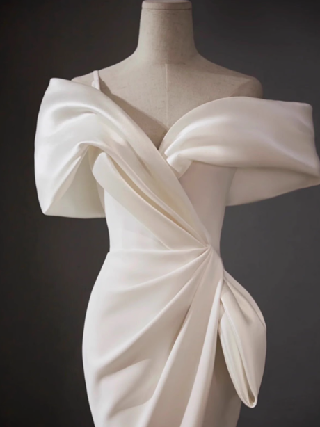 Vestido de novia clásico de sirena con hombros descubiertos, de satén blanco, estilo minimalista, DP1653