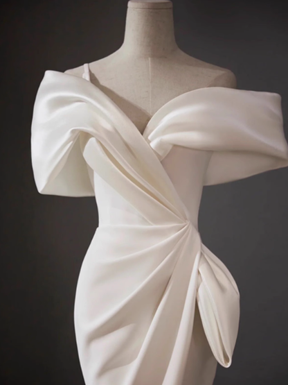 Vestido de novia clásico de sirena con hombros descubiertos, de satén blanco, estilo minimalista, DP1653
