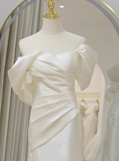 Vestido de novia clásico de sirena con hombros descubiertos, de satén blanco, estilo minimalista, DP1654
