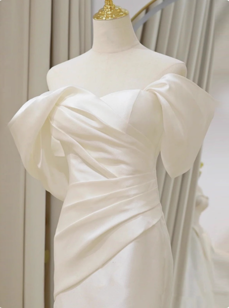 Vestido de novia clásico de sirena con hombros descubiertos, de satén blanco, estilo minimalista, DP1654