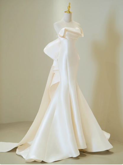Vestido de novia clásico de sirena sin tirantes, de satén blanco, estilo minimalista, DP1656
