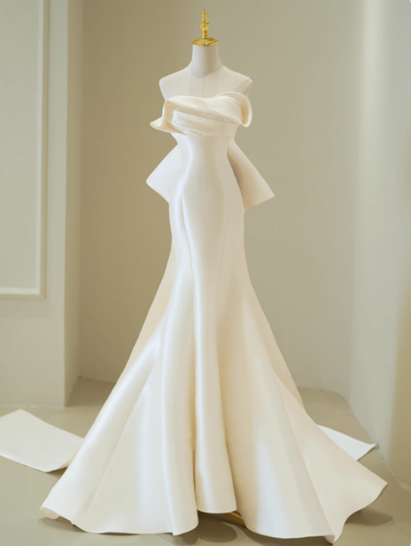 Vestido de novia clásico de sirena sin tirantes, de satén blanco, estilo minimalista, DP1656