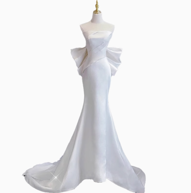 Vestido de novia clásico de sirena sin tirantes, de satén blanco, estilo minimalista, DP1657