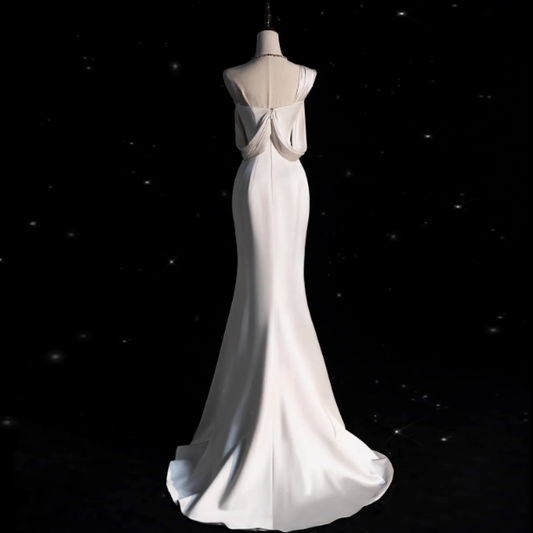 Vestido de novia clásico de sirena con un solo hombro, de satén blanco, estilo minimalista, DP1658