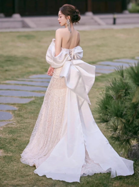 Vestido de novia clásico de sirena con hombros descubiertos y lentejuelas blancas, estilo minimalista, DP1660