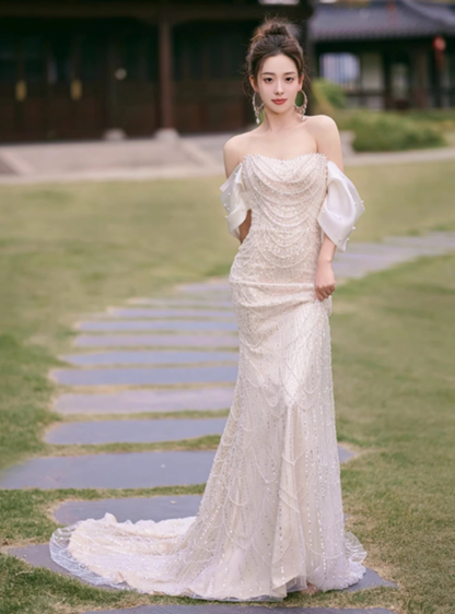 Vestido de novia clásico de sirena con hombros descubiertos y lentejuelas blancas, estilo minimalista, DP1660