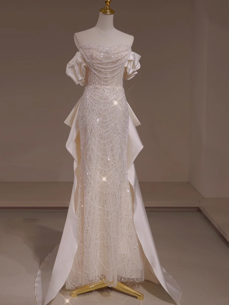 Vestido de novia clásico de sirena con hombros descubiertos y lentejuelas blancas, estilo minimalista, DP1660