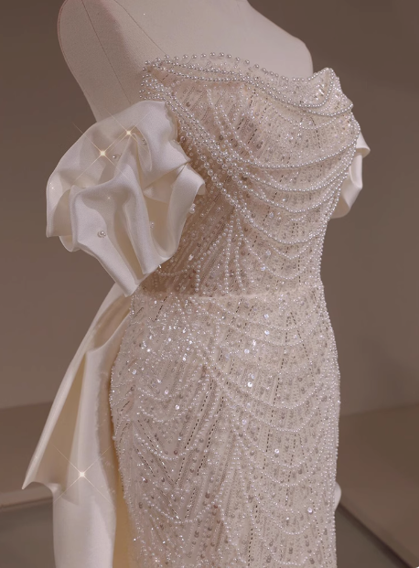 Vestido de novia clásico de sirena con hombros descubiertos y lentejuelas blancas, estilo minimalista, DP1660