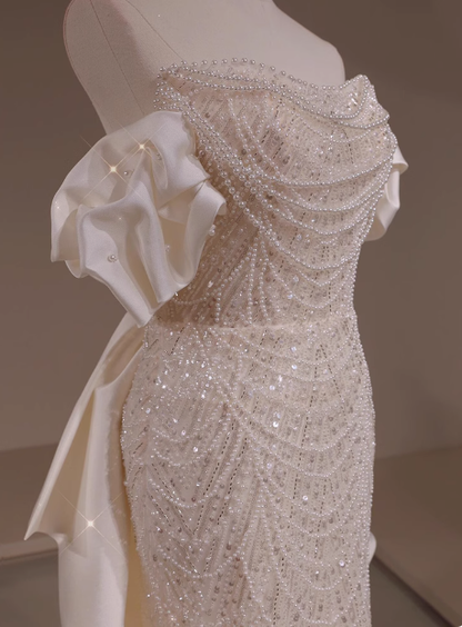 Vestido de novia clásico de sirena con hombros descubiertos y lentejuelas blancas, estilo minimalista, DP1660