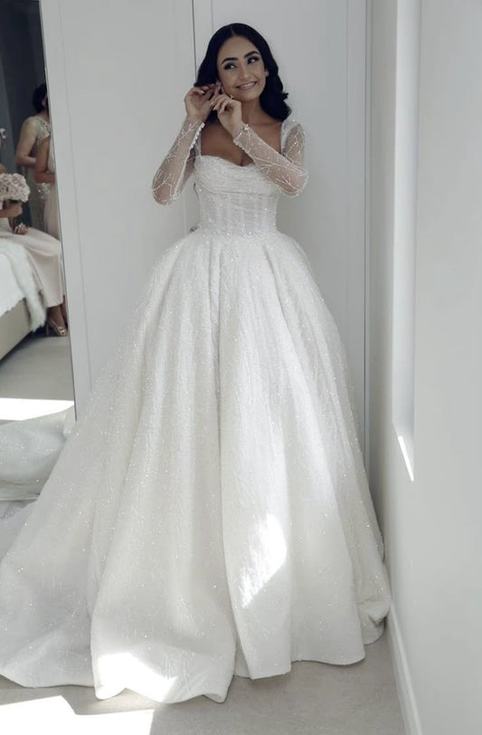 Vestido de novia etéreo, de manga larga, con lentejuelas, blanco, DP1680
