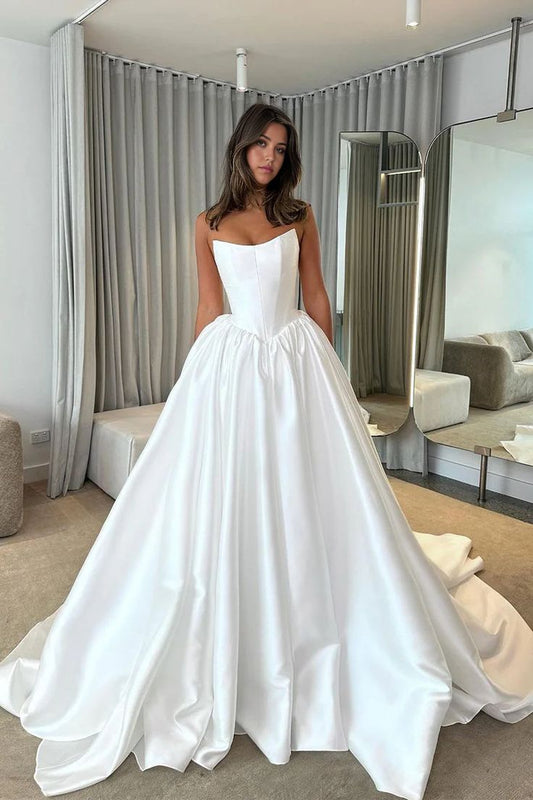 Vestido de novia clásico, corte A, sin tirantes, de satén blanco, estilo minimalista, DP1681