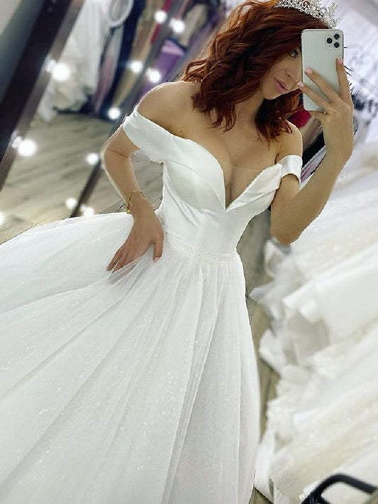 Vestido de novia etéreo, vestido de fiesta con hombros descubiertos y lentejuelas blancas, vestidos de novia DP1682