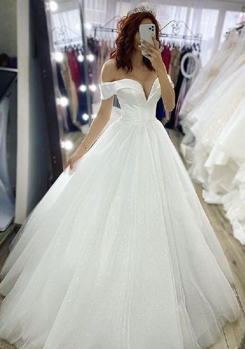 Vestido de novia etéreo, vestido de fiesta con hombros descubiertos y lentejuelas blancas, vestidos de novia DP1682