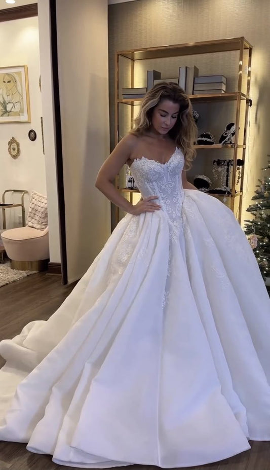Vestido de novia clásico, vestido de fiesta, escote corazón, encaje, blanco, vestidos de novia minimalistas DP1683