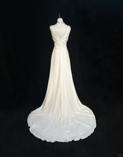 Vestido de novia clásico, corte A, escote en V, gasa, cuentas, blanco, minimalista, DP1687