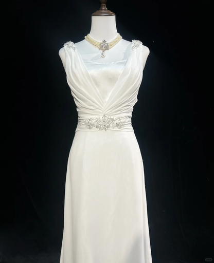 Vestido de novia clásico, corte A, escote en V, gasa, cuentas, blanco, minimalista, DP1687