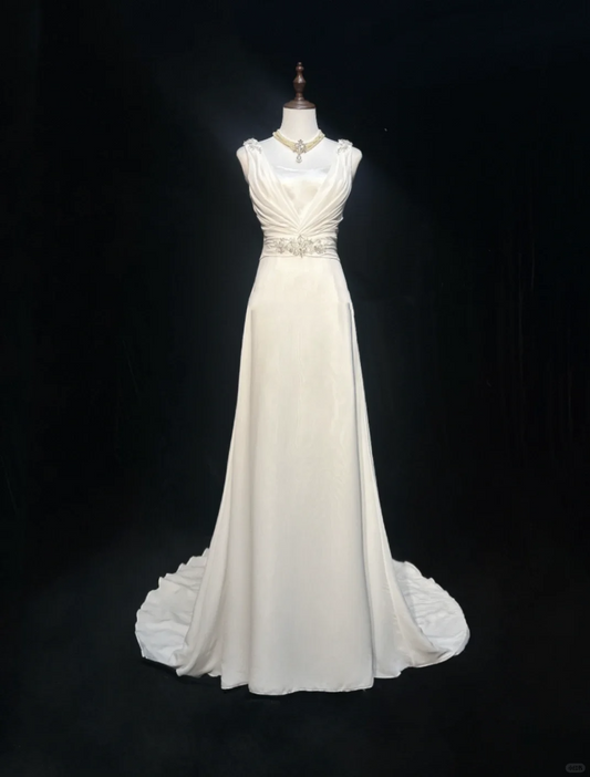 Vestido de novia clásico, corte A, escote en V, gasa, cuentas, blanco, minimalista, DP1687